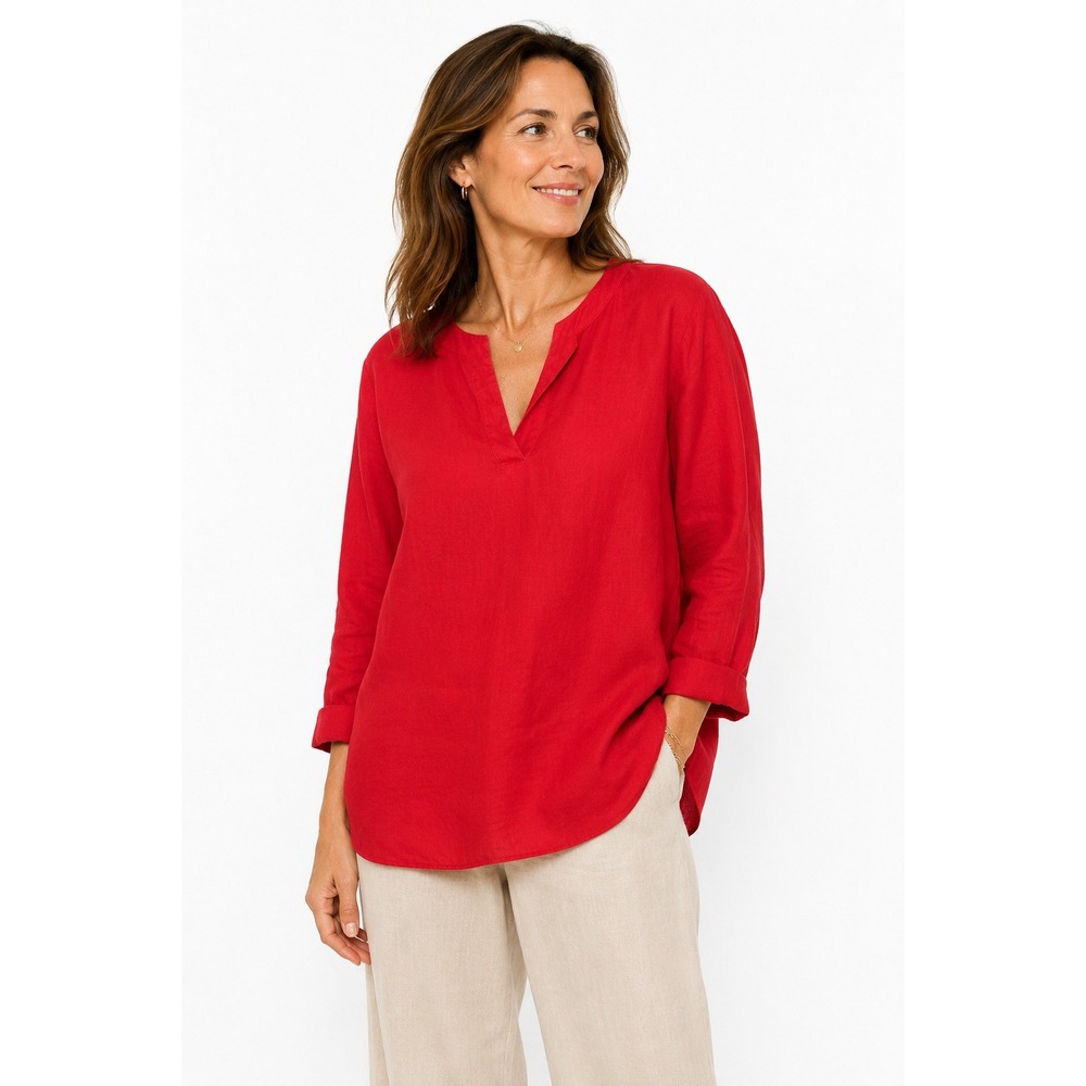 Chaps Red Linen Tunic Blouse XL V Neck Coastal Preppy Quiet Luxury Effortless